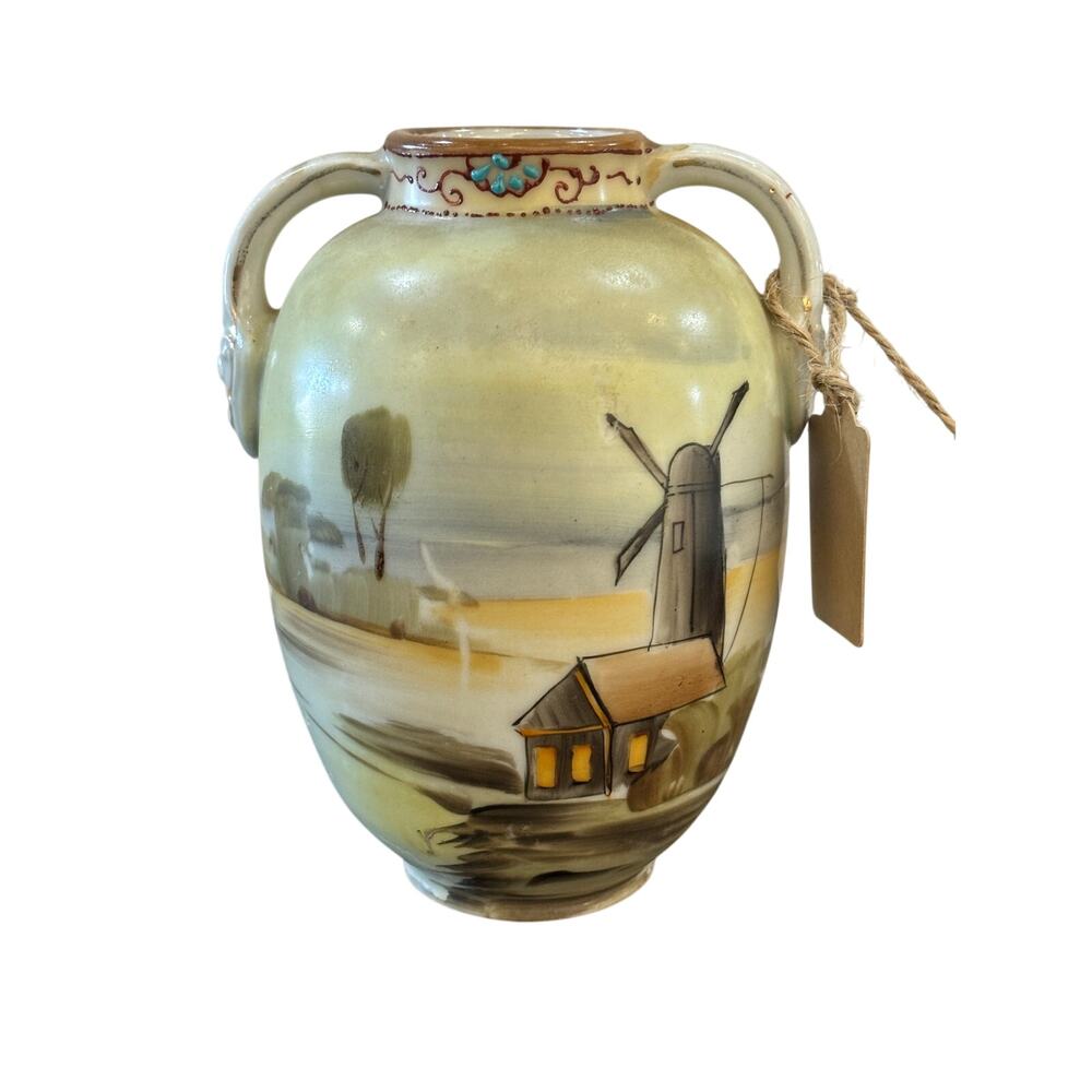 Vintage Nippon Vase Moriage Hand Painted Urn Style Landscape Mill Art Nouveau